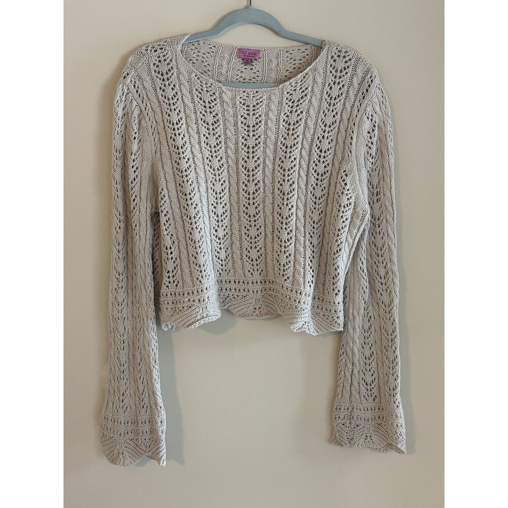 Mi Ami Francesca’s Sweater Womens M Cream Cable Knit Open Crochet Cropped Boho